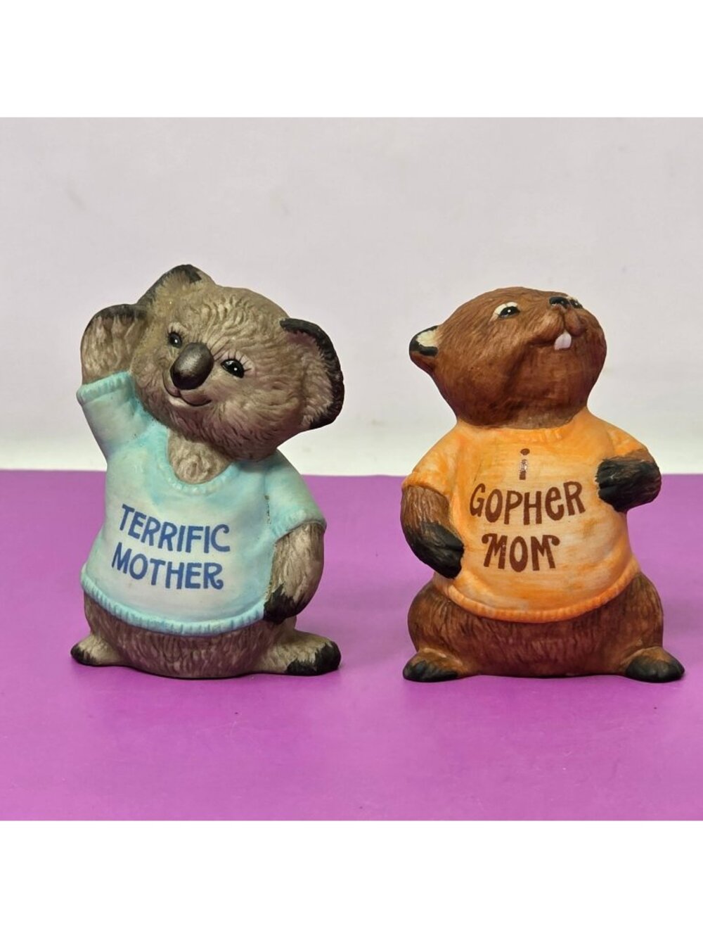 Shirt Tales Terrific Mother & Gopher Mom Figurines 1981 Hallmark Vintage Collect